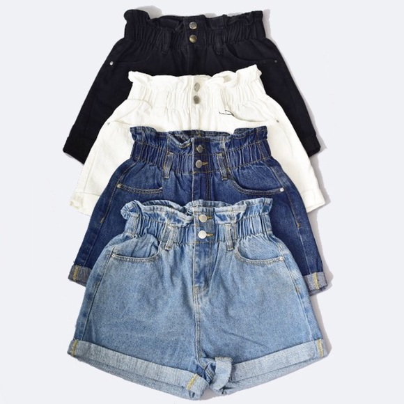 Paperbag Elastc Waist High Rise Denim Shorts - Picture 5 of 8